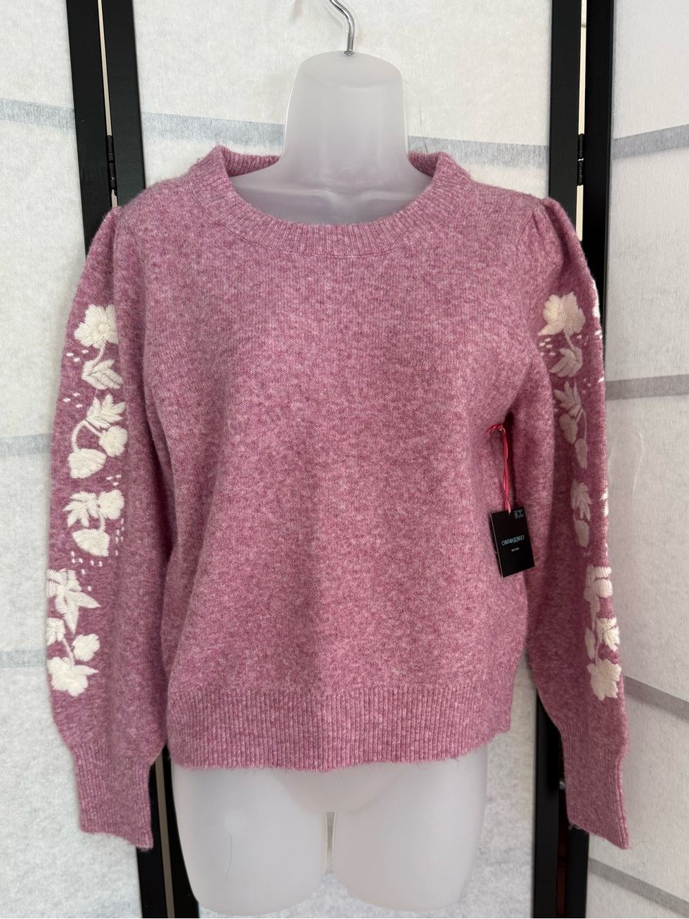 Cynthia Rowley NWT Pink Heather Floral Embroidered Sleeve Sweater S